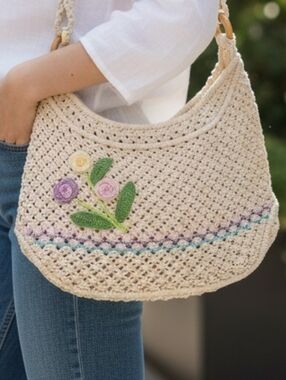 Woven Floral Crochet Shoulder Bag - Crochet tote bag with embroidered flower